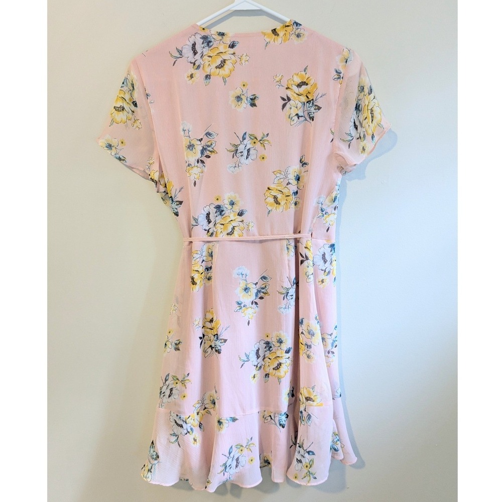 Lush Floral Print Wrap Dress Women's Ruffle Trim Pink Yellow Short Sleeve Size S - Picture 2 of 4